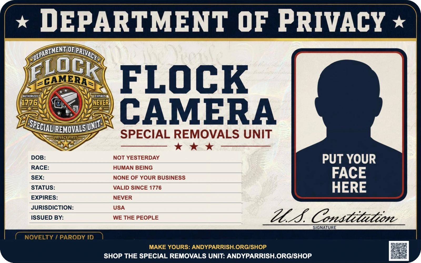 Flock Camera Special Removals Unit novelty ID card from the Department of Privacy