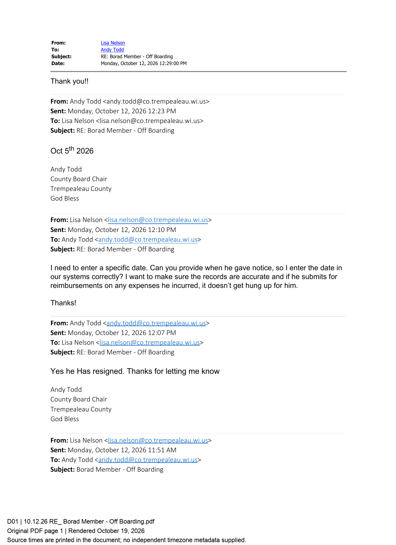 October 12, 12:07 p.m.: Todd confirms resignation. 12:23 p.m.: October 5 notice date.
