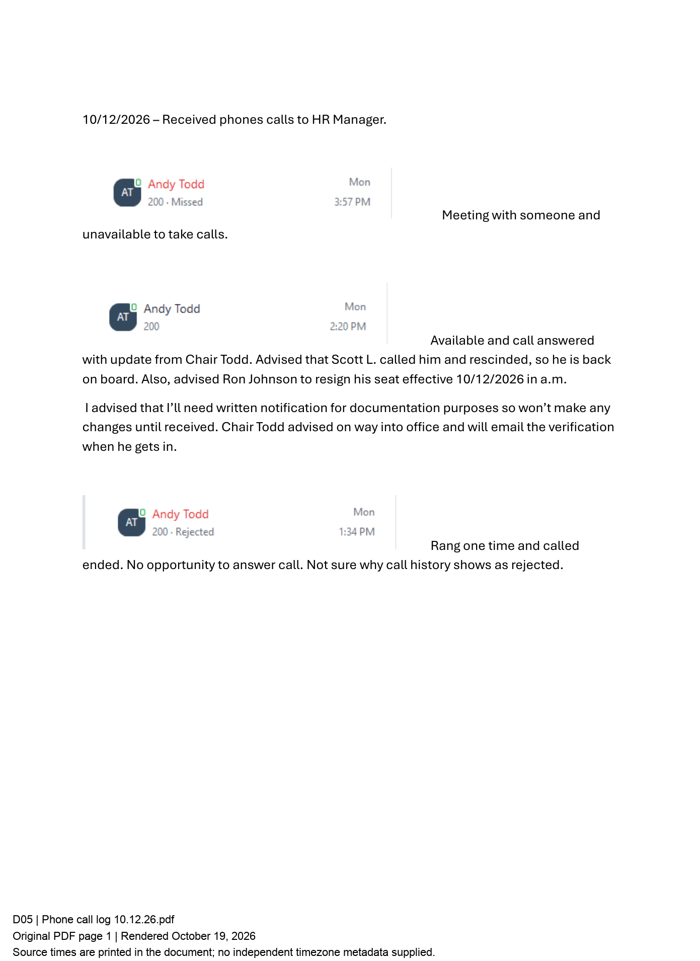 October 12 call log: Todd’s 2:20 p.m. report of withdrawal and HR request for writing.